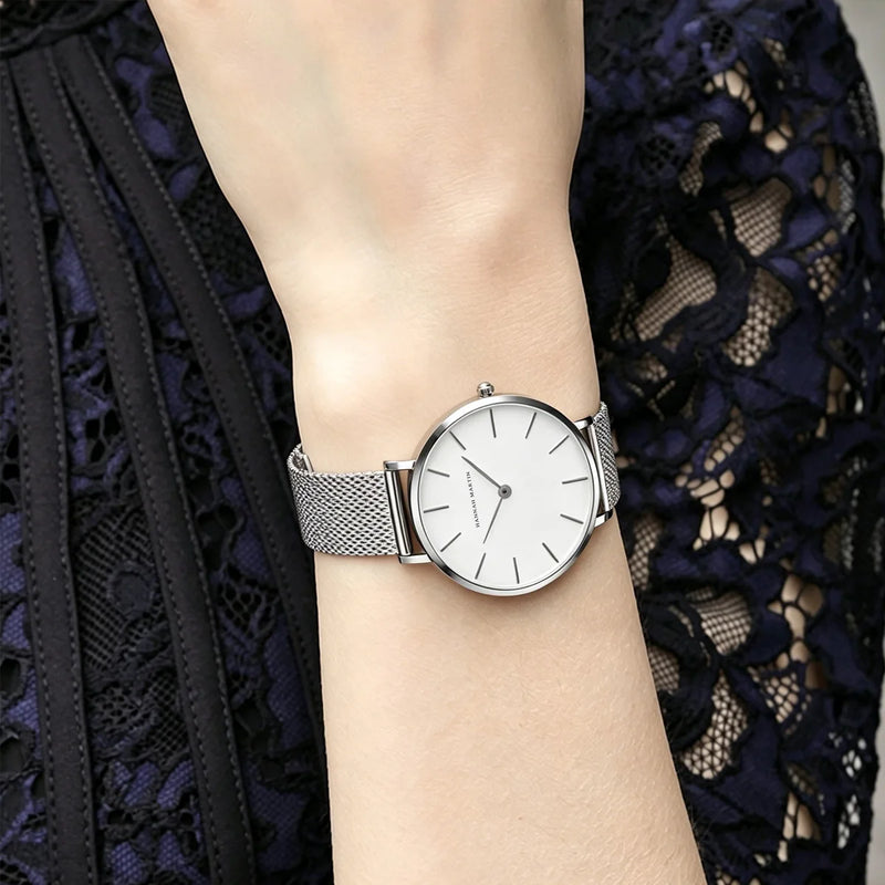Stainless Steel Mesh Strap Women's Watch 36mm Silver Minimalist Dial Japanese Quartz Movement 6.9mm Slim Clock 3Bar Life Waterproof Local Fast Shipping Hannah Martin Brand Watch