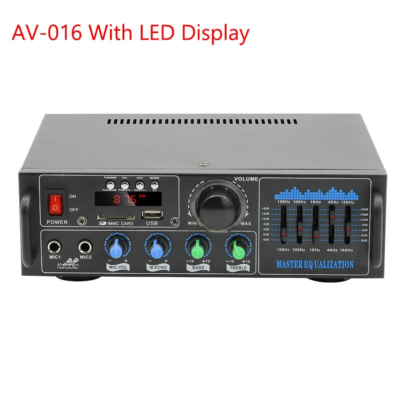 High Power Amplifier 2.0 Channel Audio Home Theater Amplifiers DC 12V 110V/220V Support FM SD USB Dual Mic Bluetooth Remote