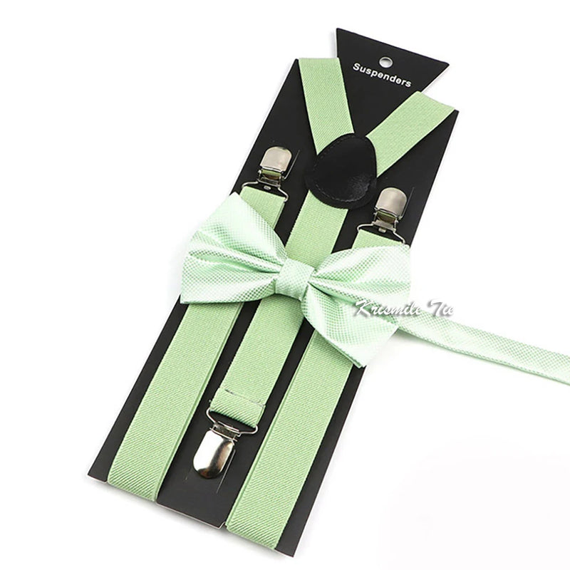Novalty Sage Green Suspender Bowtie Set For Men Women Kids Romatic Wedding Party Elastic Y-back Straps Pants Shirt Accessory