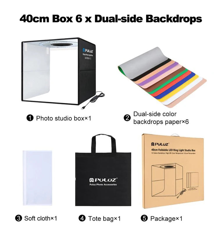 PULUZ Lightbox 80 60 50 40 30cm Photo LED Light Studio Kits 6 12 Color Backgrounds Tabletop Photography Soft Shooting Tent Box