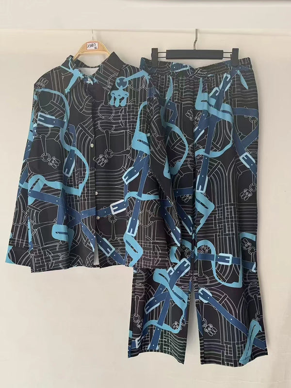Retro geometric print lapel straight leg shirt two-piece set for 2026 spring women's clothing+loose wide leg pants fashion set