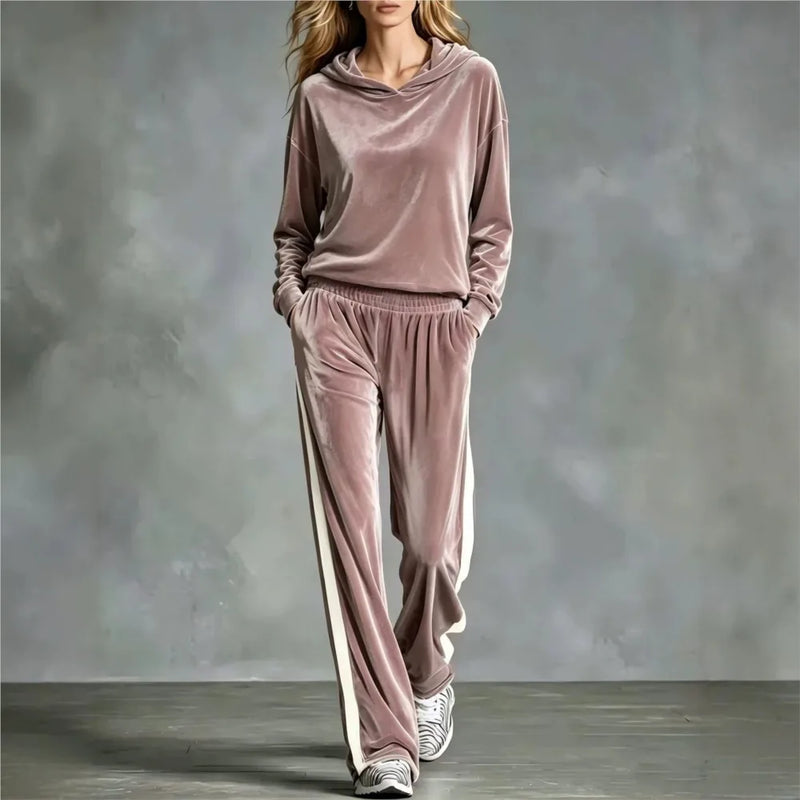 AAutumn New Women's Hooded Sweatshirt Trousers 2-piece Casual Loose Velvet Sports Fashion Patchwork Female Trousers Suit 2026