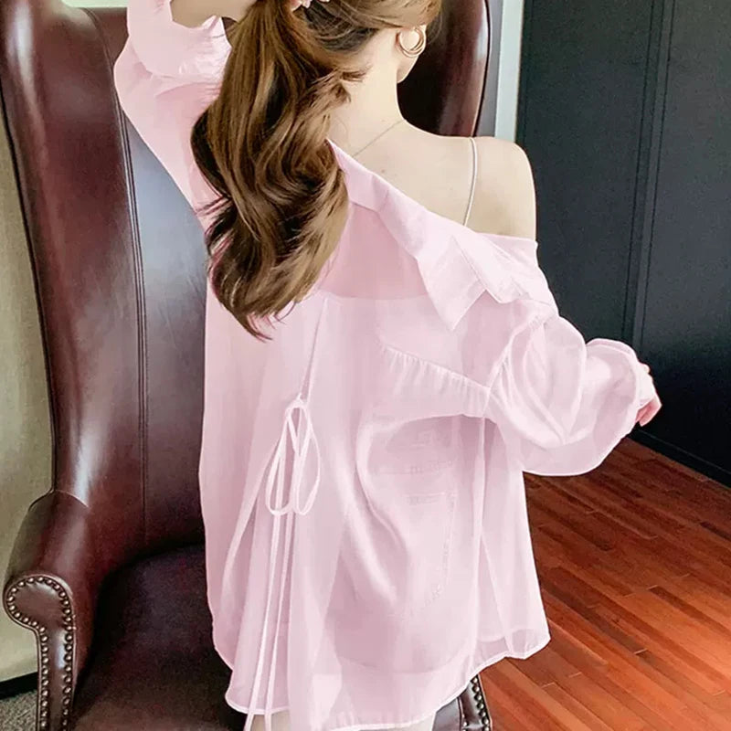 Tie Back Button Down Shirt Women Semi Sheer Chiffon Long - View 6 | SAMAG