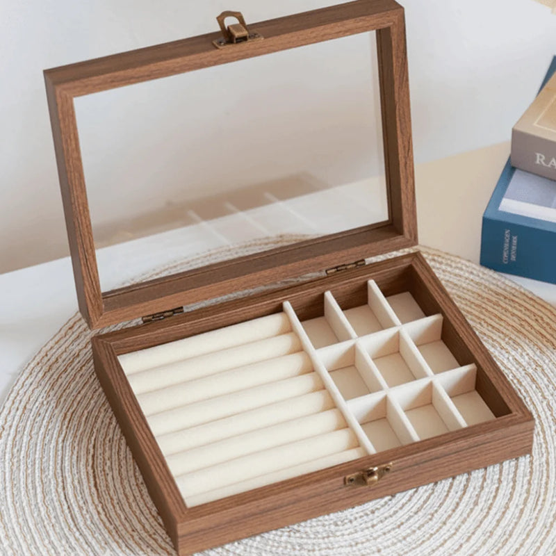 Retro Elegant Wood Jewelry Box Glass Lid Dust-proof Jewelry Organizer Velvet Storage Box Ring Display Holder Desk