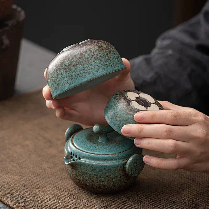 Ceramic Gongfu Travel Tea Set, Gorgeous Chinese Teapot Set with 2 Tea Cups, Portable Carrying Case