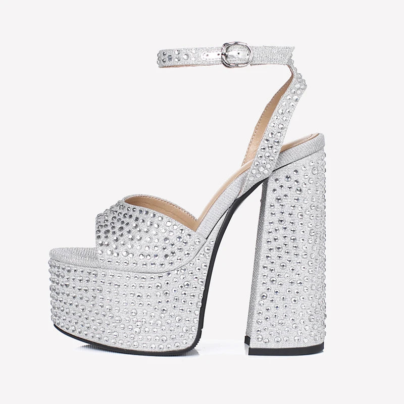 Arden Furtado Women's Summer Sandals Round Toe Waterproof Platform Super High Heel Crystal Embellished Dinner Word-Cingulate Lar