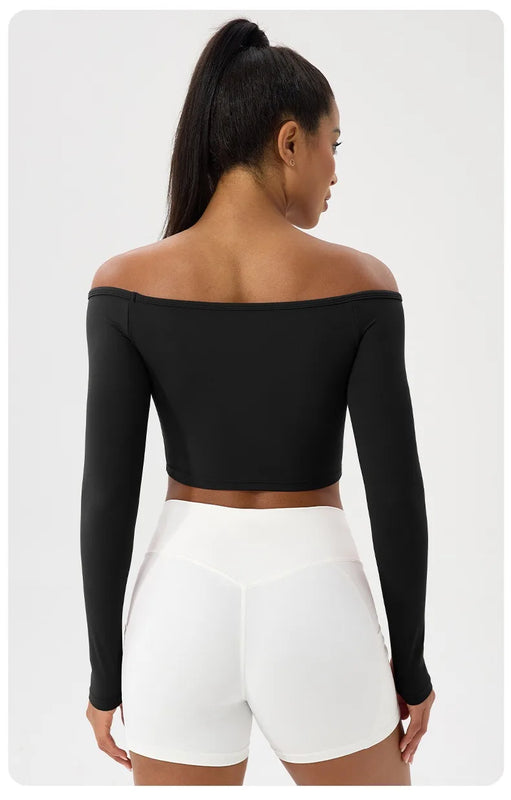 Long Sleeve Yoga T-Shirt for Women, Off Shoulder, Sexy Tight Gym Workout Top, Naked Feeling, Quick Dry Sports Activewear