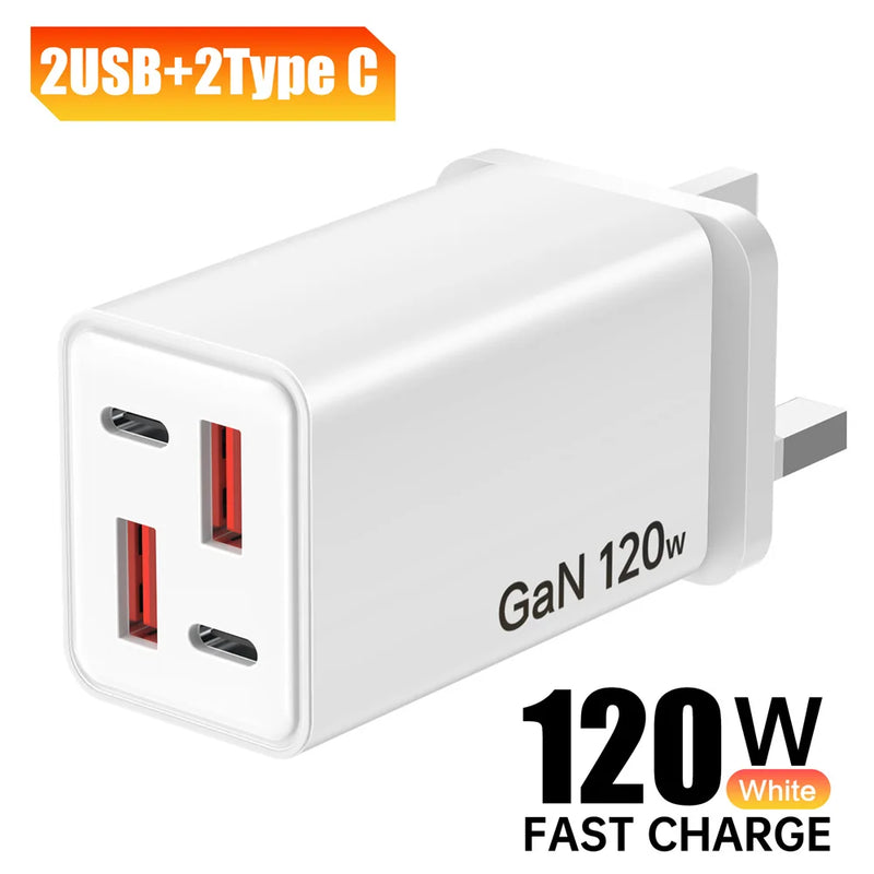4 Ports 120W USB C Charger Fast Charging EU/US/UK Plug Wall Charger Adapter For iPhone Samsung Xiaomi Huawei Phone Power Charger