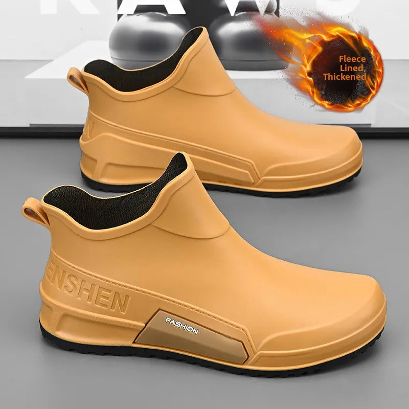 Men's Winter Fleece Lined Short Rain Boots Waterproof Non Slip Work Kitchen Safety Black Rubber Boots Thickened Shoe Bottom