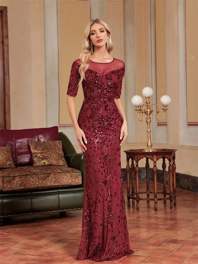 Luxury O - Neck Tulle Sequin Formal Evening Dress Women | SAMAG