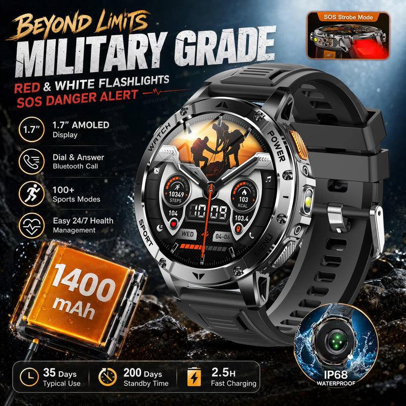 2026 New Military TANK 1400mAh Battery Smart Watch IP68 Waterproof LED Flashlight Heart Rate Sports tracker SOS Smart Watch Men