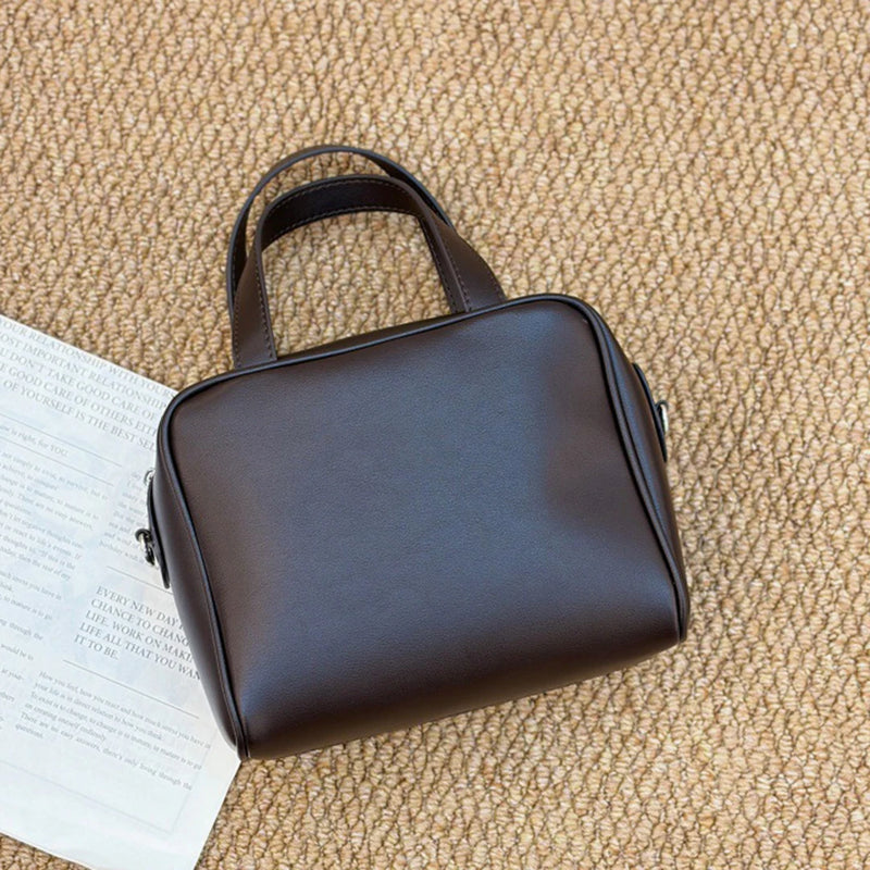 Mendy Women Genuine Leather Handbag Mini Boston Bag Top Handle Detachable Shoulder Strap Crossbody Purse Luxury Designer Structu