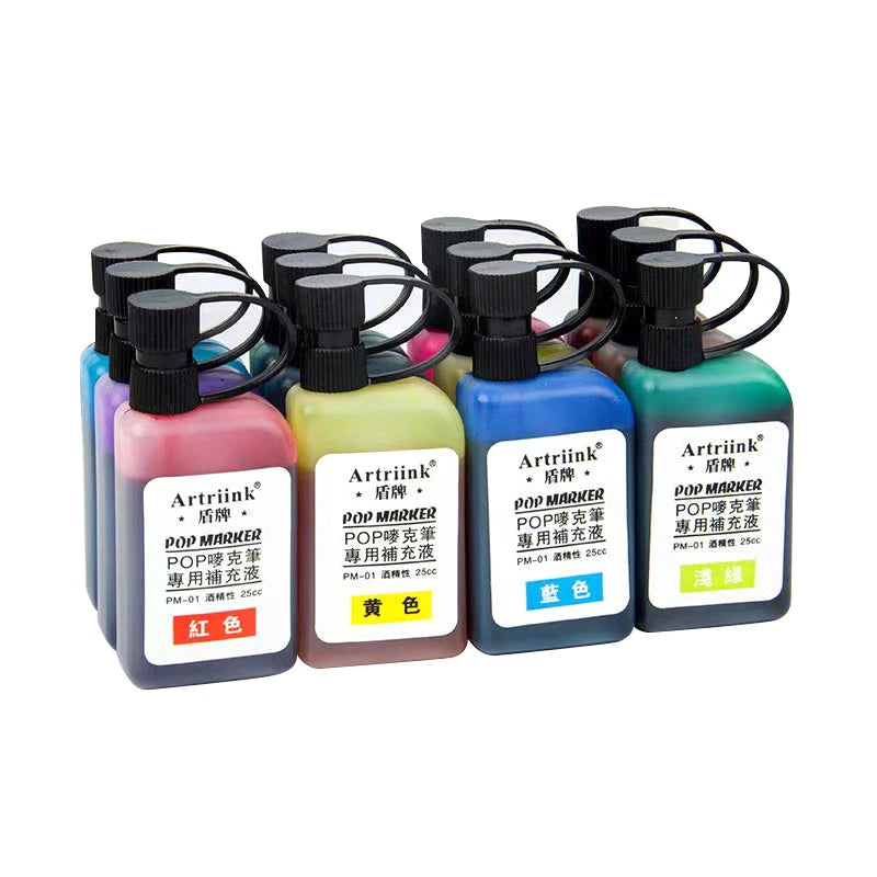 12Color POP Markers Refill Ink,25cc Permanent Marker Ink,Quick-Drying Waterproof And Non-Fading,Non-Erasable Marker Ink Refill