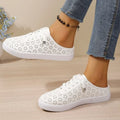 Women White Hollow Cutout Backless Mule Sneakers Breathable PU Leather Upper No Tie Laces Slip‑On Summer Casual Flat Shoes