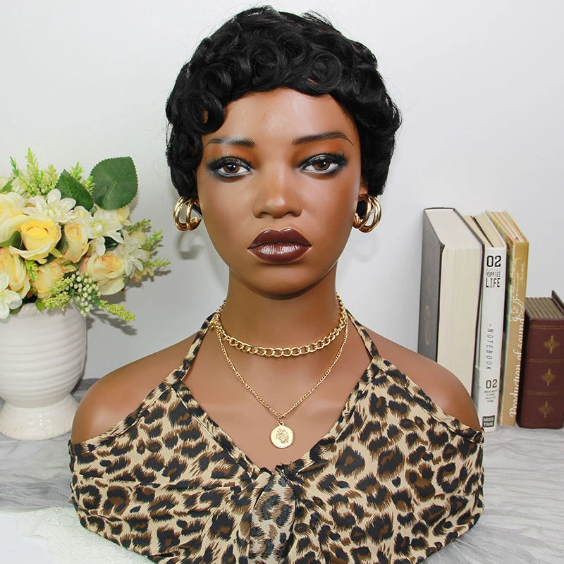 Curly Pixie Cut Wigs Human Hair Brazilian Remy Hair Short Pixie Cut Wig Human Hair Fashion Colored 1B Full Machine Wig On Sale