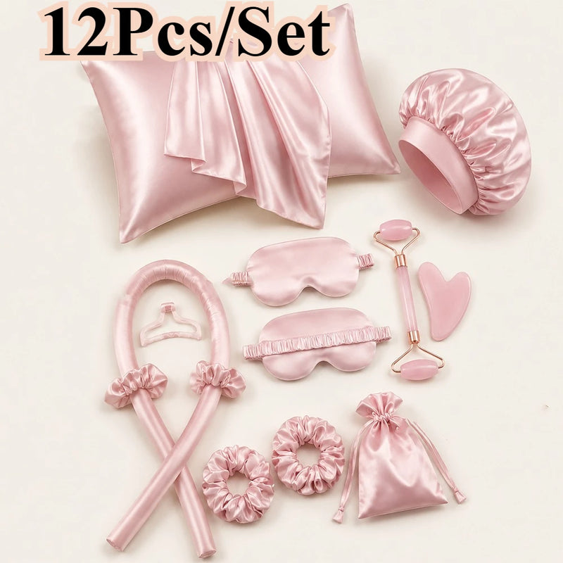 4/12Pcs Styling Kit Heatless Silk Curler with Sleeping Mask Shower Cap for Women and Girls Beauty Kit Travel Hair Styling Tools