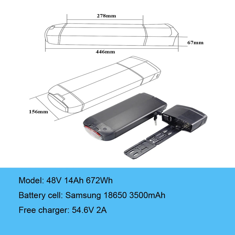 EVRYjourney  FATTIRE 500W RearRack Ebike Battery 48V 10.4Ah 12Ah 14Ah with Taillight Charger & Safety Lock for Electric Bike