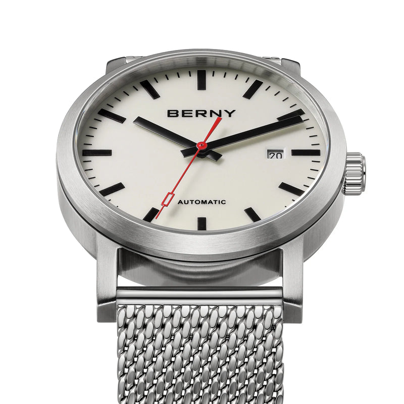 BERNY Automatic Men's Watch Top Brand Luminous 316L Stainless Steel Self-Wind Sapphire Wristwatch Mesh Belt Mechanical Men Watch