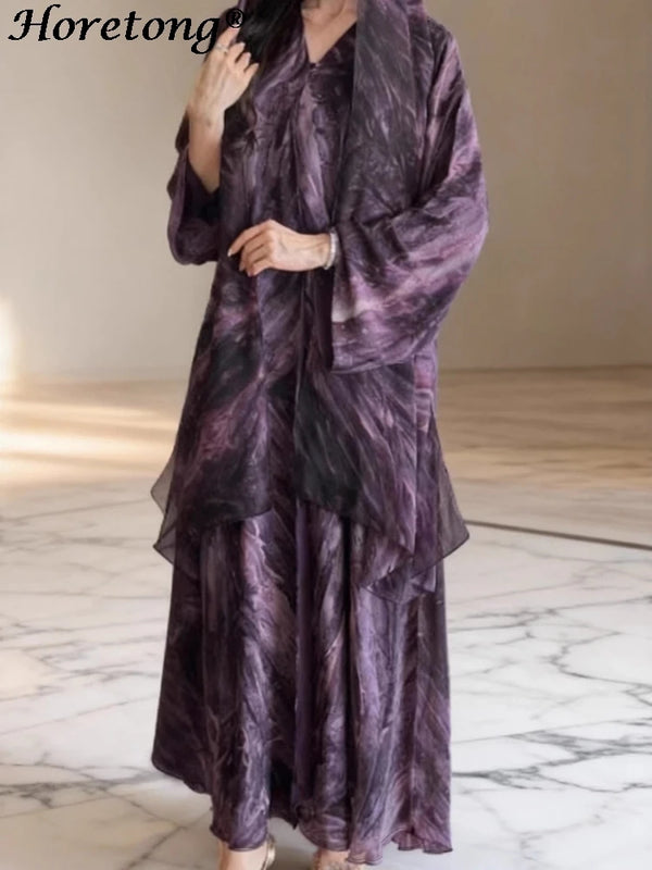 Horetong Muslim Abaya Robe Women Marble Print Chiffon V | SAMAG