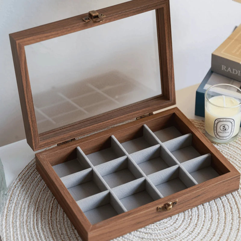 Retro Elegant Wood Jewelry Box Glass Lid Dust-proof Jewelry Organizer Velvet Storage Box Ring Display Holder Desk