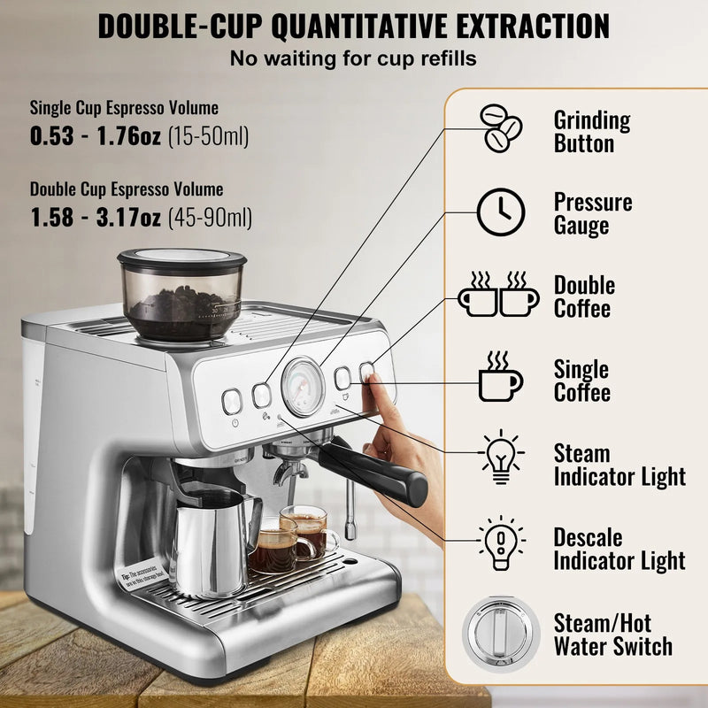 Espresso Machine with Grinder 15 Bar Semi Automatic Espresso Coffee Maker