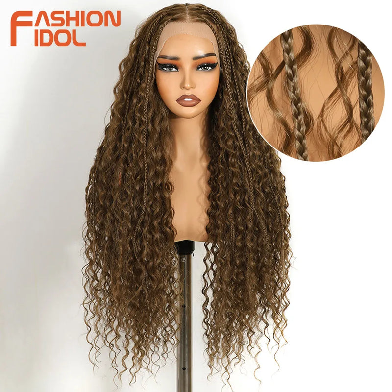 FASHION IDOL 13x4 Twist Box Braided Lace Frontal Wigs For Women Synthetic Braids Wigs Ivory White Faux Locs Goddess Lace Wigs