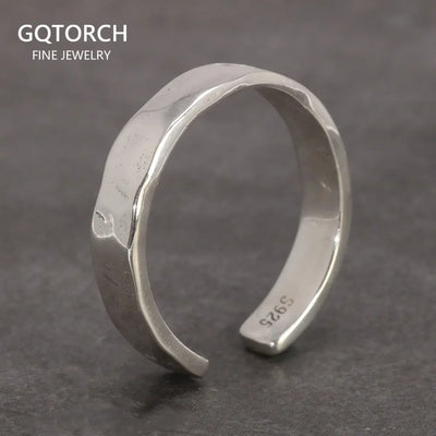 Sterling Silver S925 Bright Hand Hammer Pattern Men's and Women's Rings Minimalist Adjustable Jewelry | SAMAG