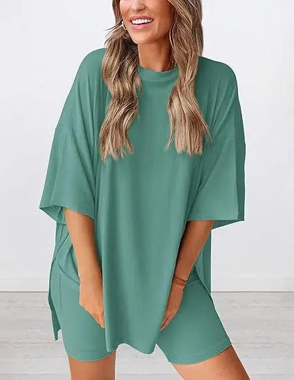 2026women's New Fashion Trend Basic High-quality Casual Round Neck Slit Loose Casual and Comfortable Women's Two-piece Home Suit