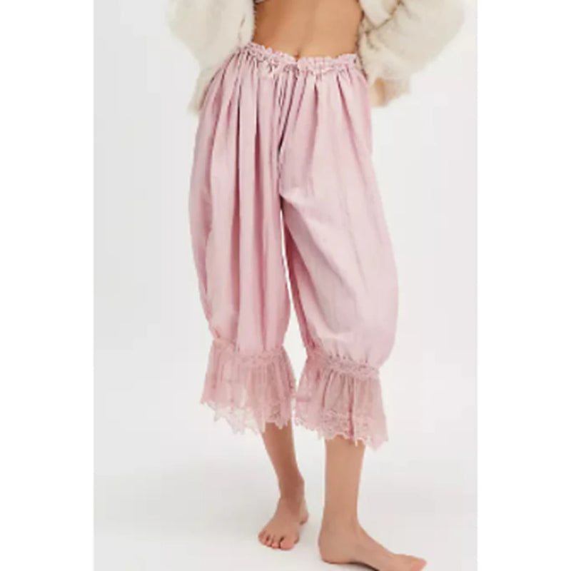 Women's Y2K Loose Fit Bloomers Cropped Pants Drawstring High Waist Floral Lace Patchwork Calf-Length Lantern Trousers