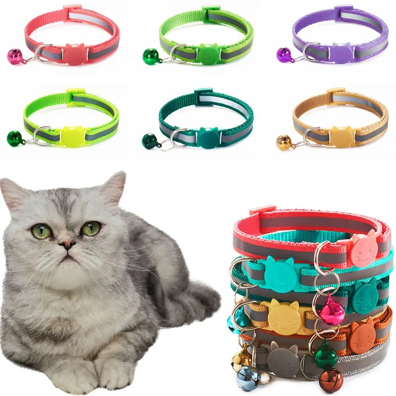 Cute Fashion Adjustable Size Cat Head Pattern Reflective with Bells Cat Collar Pet Accessories Kitten Decor Cat Neck Strap
