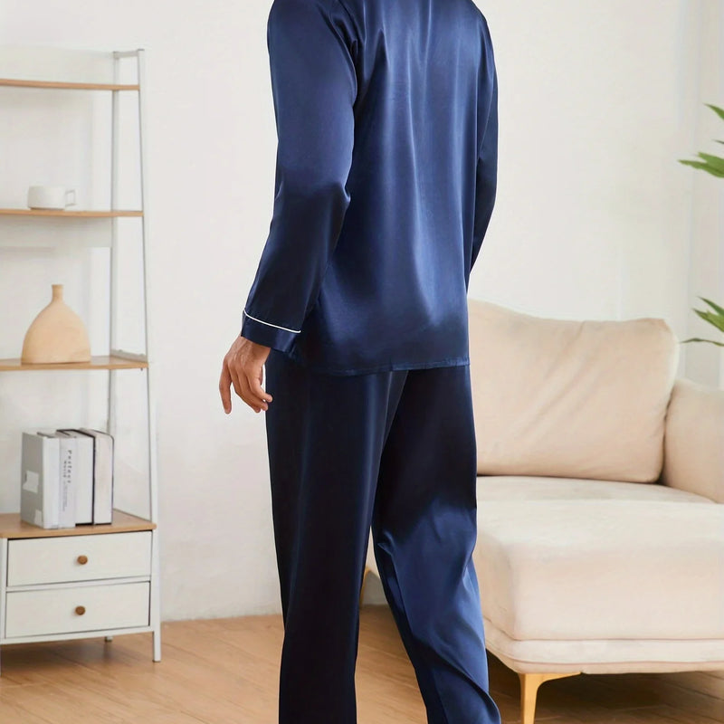 Men's Luxury Faux y Pajama Set with Black and White Contrast Trim, Long Sleeve and Pants, Comfortable Loose-Fit Loungewear
