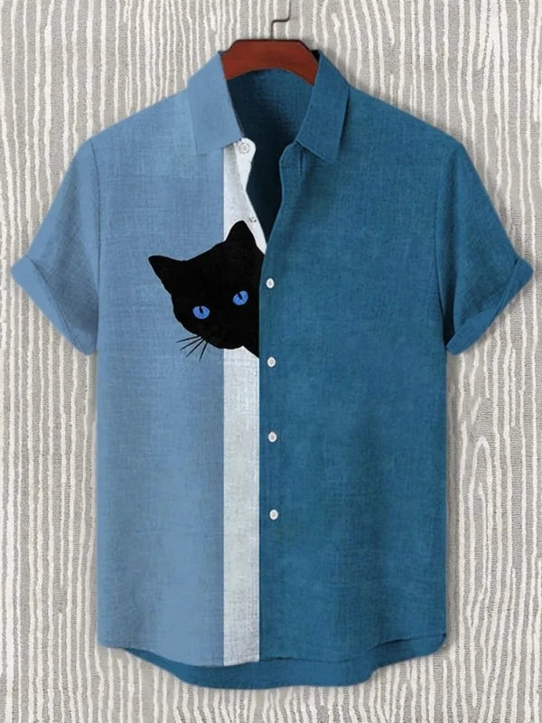 Men's Fun Hide-and-Seek Black Cat Print Shirt, Summer | SAMAG