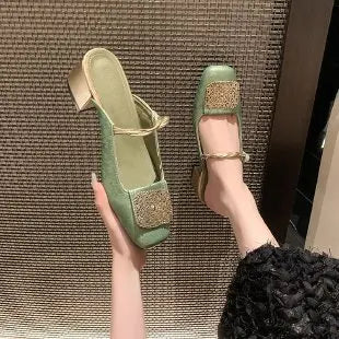 New Women's Shoes Mary Jane Mules, Square-Toed Shallow-Cut Chunky Heel Shoes, Fashionable High-Heeled Sandals