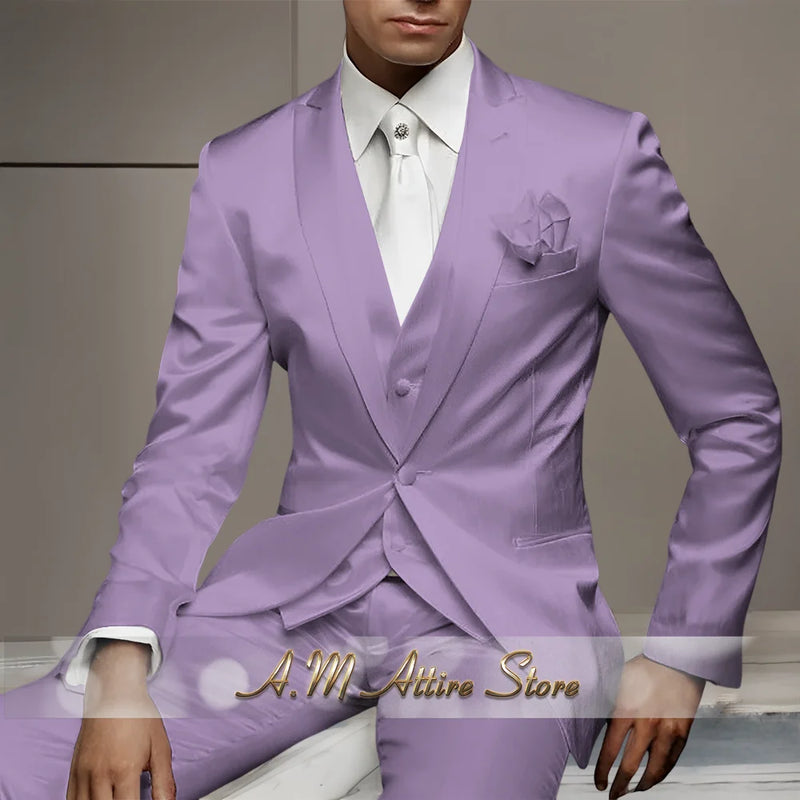 Men's Wedding Party Suits 3 Piece White Satin Mikado Jacket Vest Pants Set for Summer Banquet Party Father Gift Tailored Fit