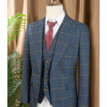 High Quality 3 Piece Checkered Suit Set Dark Blue Stylish Business Office Wedding Formal Outfit Elegant Full Man Dinner Suit