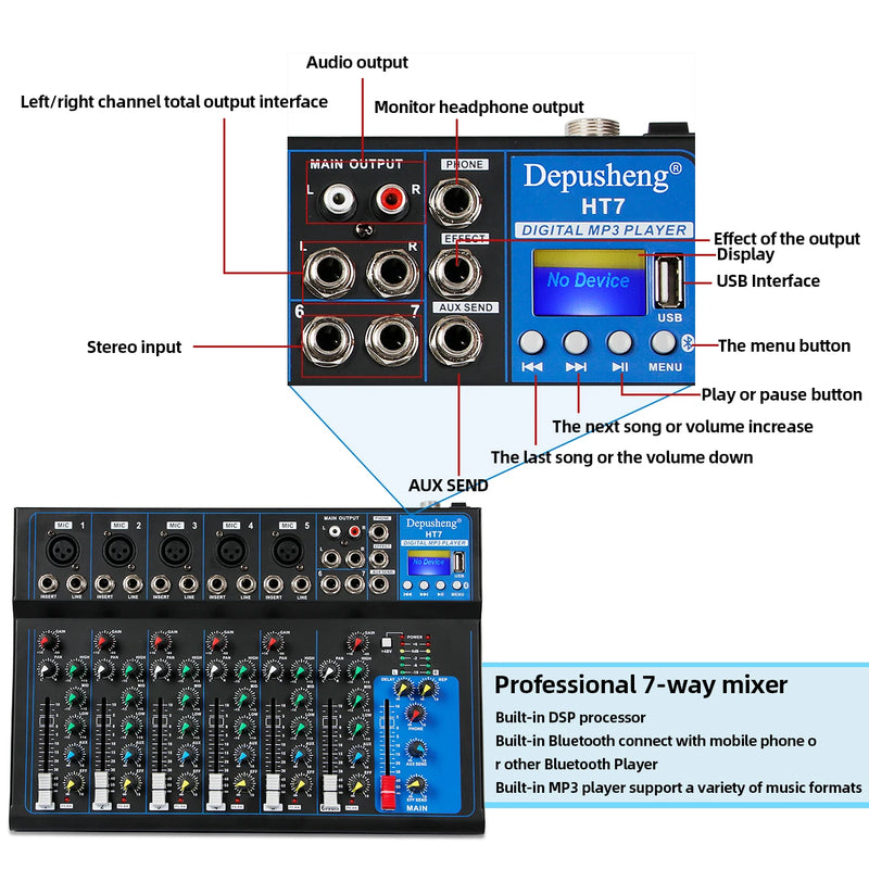 Portable Audio Mixer DJ Sound Mixing Console 48V Power for Computer Recording, Bands Mixing Boards For Studio Recording