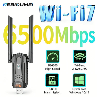 Kebidumei BE6500 WiFi7 USB3.0 Adapter Tri - Band 2.4G/5G/6GHz Wireless Network Card Wifi Receiver Dongle Driver Free | SAMAG