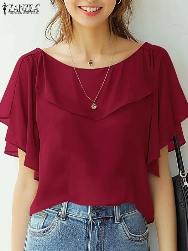 ZANZEA Summer Women Chiffon Blouse Elegant Ruffle Short - View 2 | SAMAG