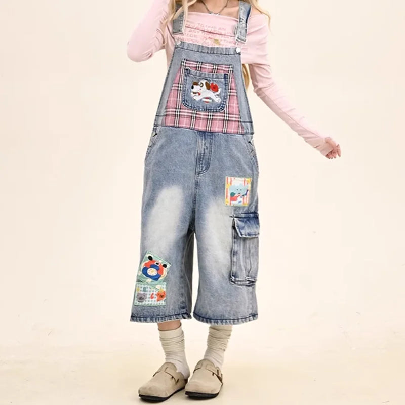 Y2K Aesthetic Cartoon Dog Embroidery Denim Overalls Women - View 2 | SAMAG