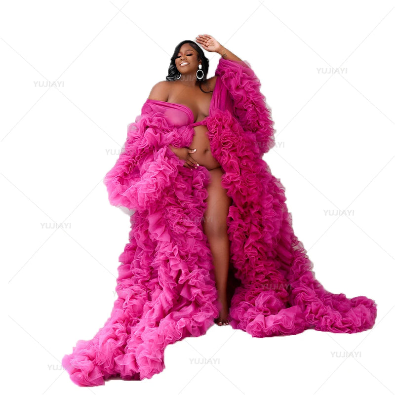Luxury Maternity Dresses Puffy Tulle Long Women Robe Wedding Bridal Sleepwear Nightwear Front Split BabyShower Gown Photoshoot