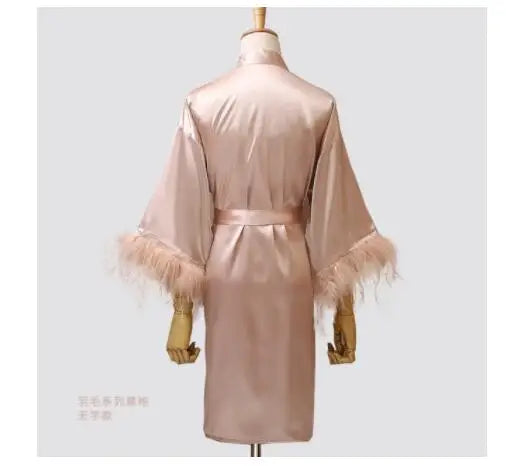 Women FEATHER Bride Bridesmaid Wedding Robe Satin Kimono | SAMAG