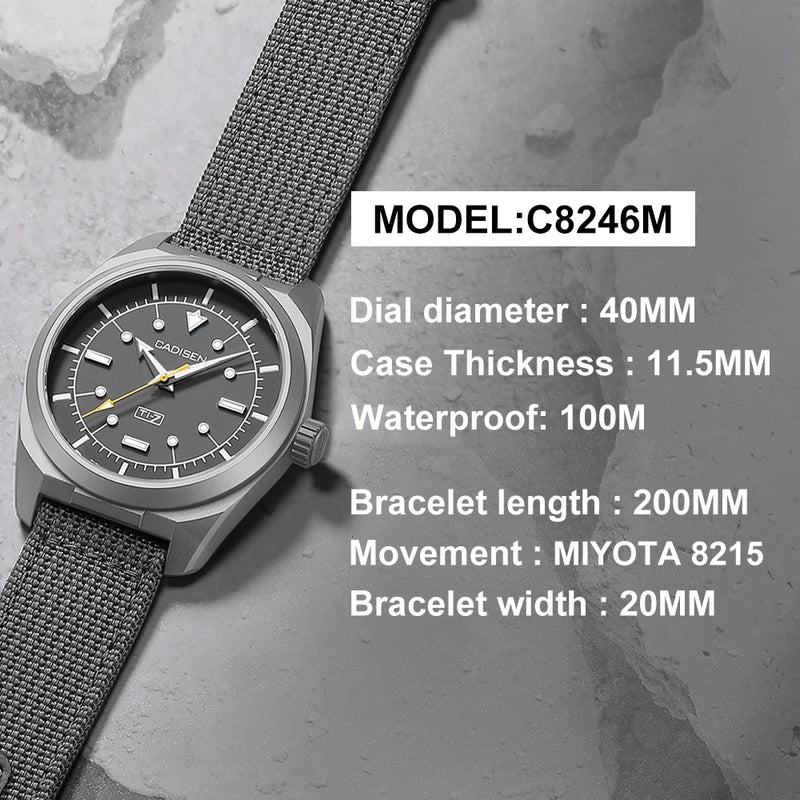 CADISEN TI-7 Autodyne Titaniu Men's Mechanical Wristwatch 8215 Movement Sapphire Glass 10ATM Waterproof Calendar Feature Luxury