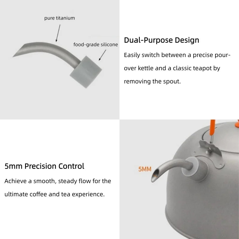 0.5L Titanium Pour Over Coffee Kettle with Removable Spout, Lightweight Camping Tea Pot for Boiling Water Hiking Backpacking