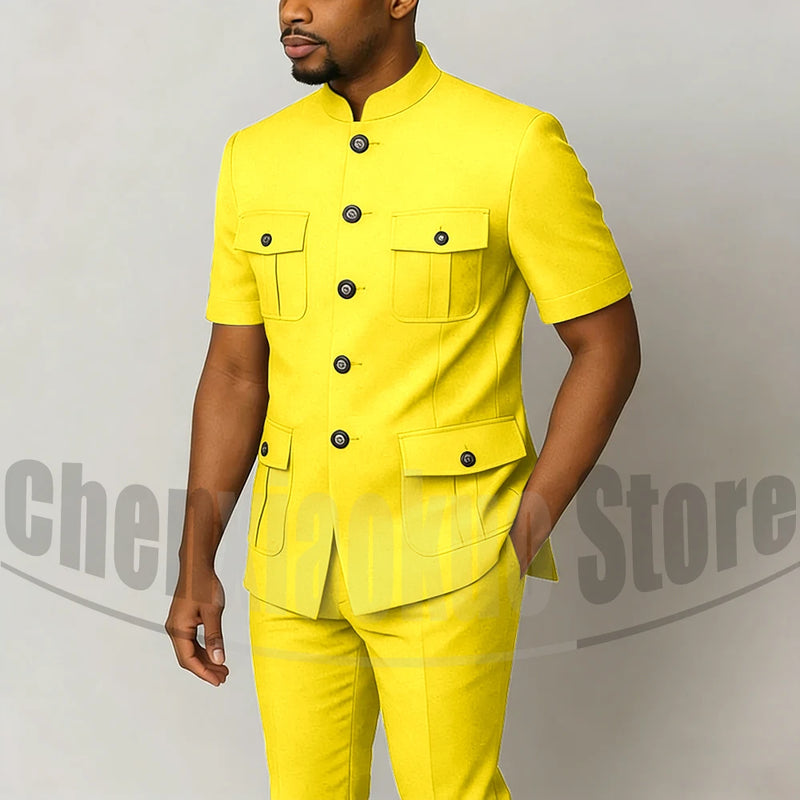 Men's Grey Mandarin Collar Suit Set Short Sleeves Multi-Pocket Jacket and Trousers Fashion Formal Smart Casual Wedding Suits