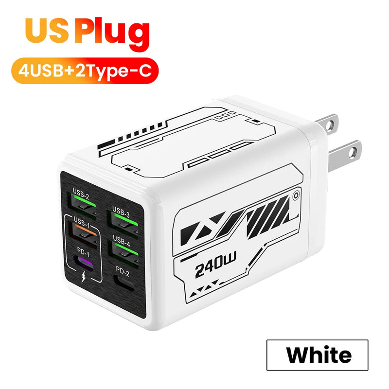 240W 4USB+2Type C Super Fast Charging Mobile Phone Charger 6 Ports USB3.0 PD3.0 EU/UK/US Charger For Iphone 17 16 Samsung POCO