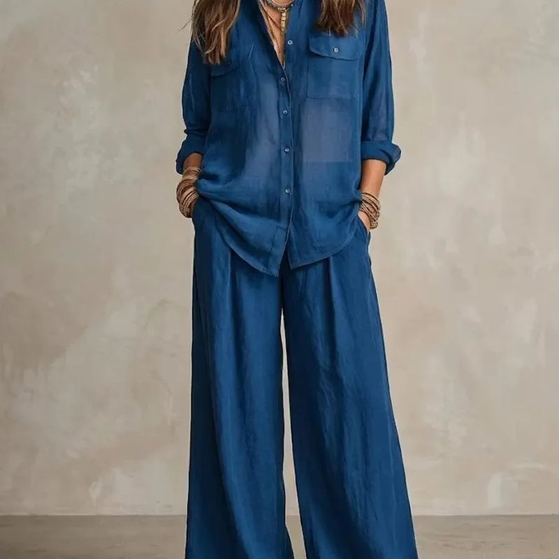 Retro Solid Office Two-piece Set Women's Spring Autumn Fashion Lapel Cardigan Top With Wide Leg Pants Suit Ladies Casual Outfit