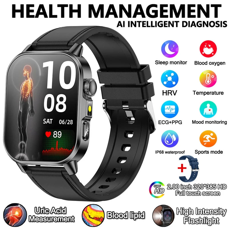 2026 New Professional-Grade Health Smart Watch Men ECG BP HR Uric Acid Lipid BMI Body Analysis Bluetooth Call Smartwatch Women