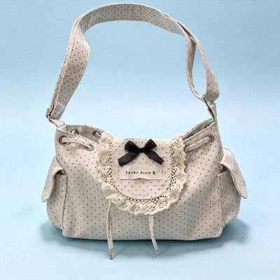 Korean Lace Polka Dot Shoulder Bag Cute Drawstring Flap | SAMAG