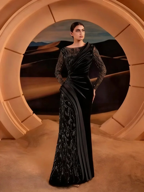 Elegant Olive Green Evening Dress Long Sleeve Sparkling | SAMAG