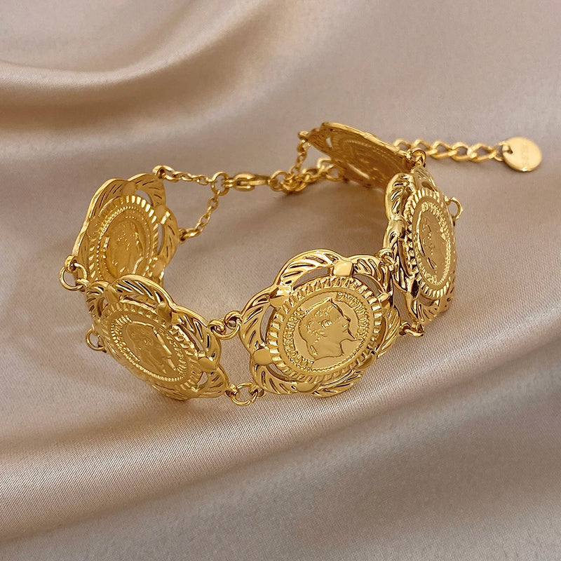 Vintage Gold Plated Stainless Steel Coins Wrist Bracelet for Women Men Classic Ethnic Cuff Bracelets Waterproof Jewelry